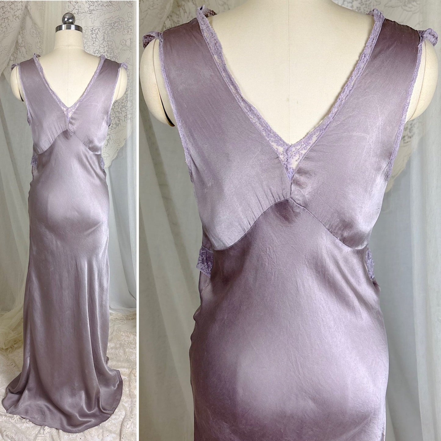Vintage 1930's Gunmetal Gray Silk Nightgown with Diamond Shirring - Size S, M - Daggers & Dames