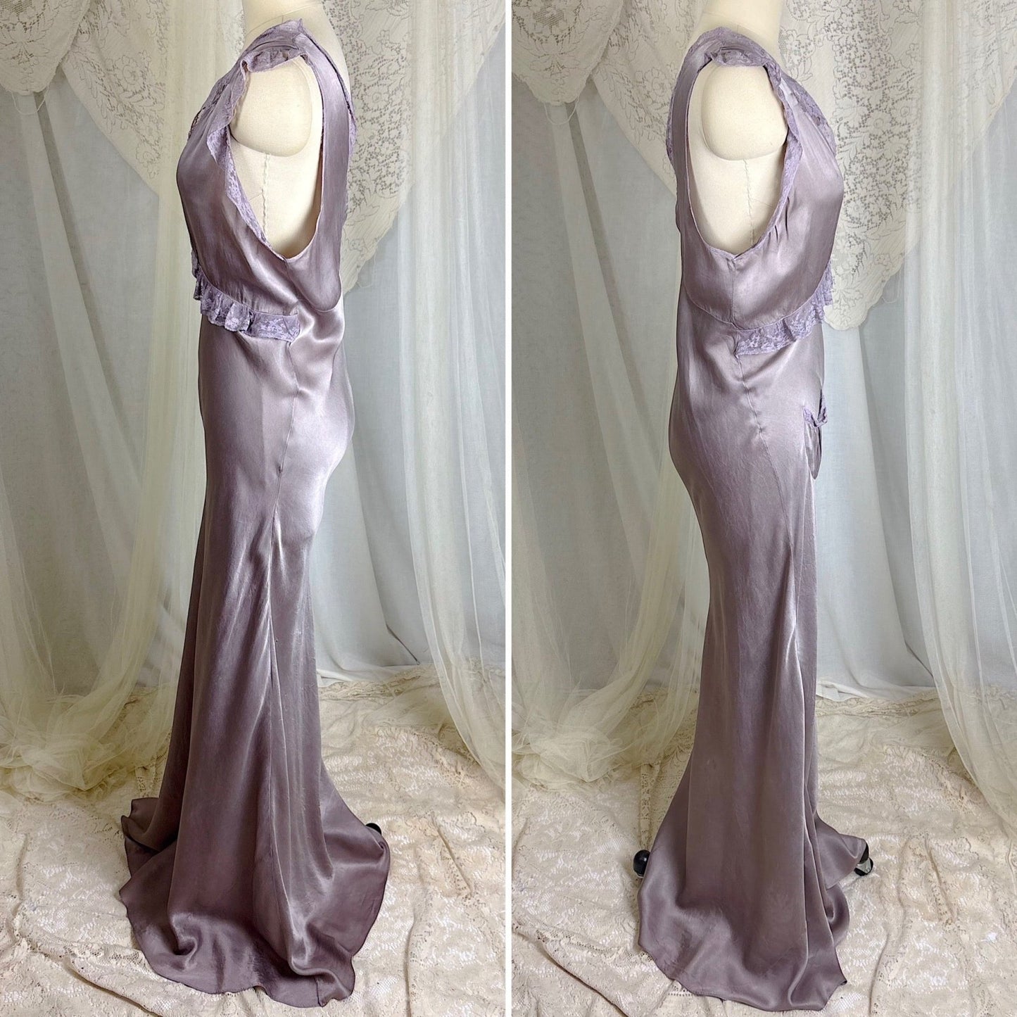 Vintage 1930's Gunmetal Gray Silk Nightgown with Diamond Shirring - Size S, M - Daggers & Dames