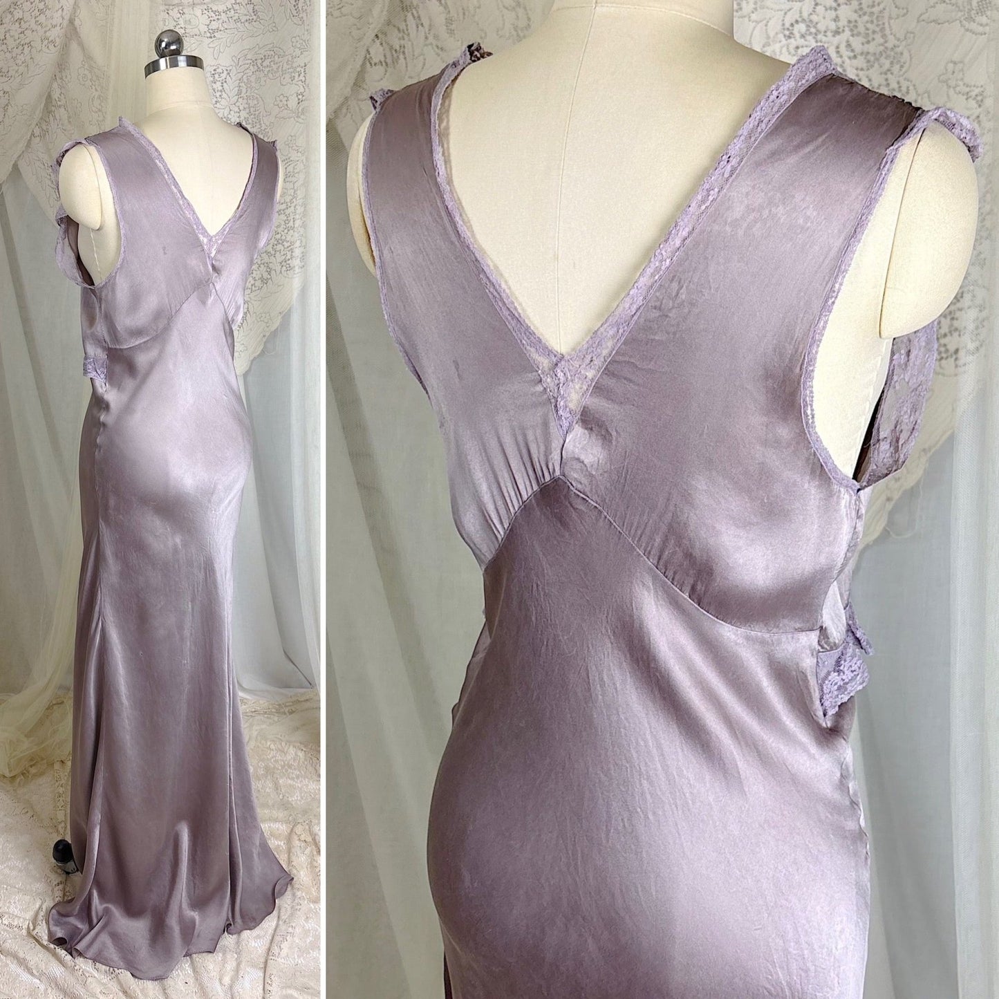 Vintage 1930's Gunmetal Gray Silk Nightgown with Diamond Shirring - Size S, M - Daggers & Dames