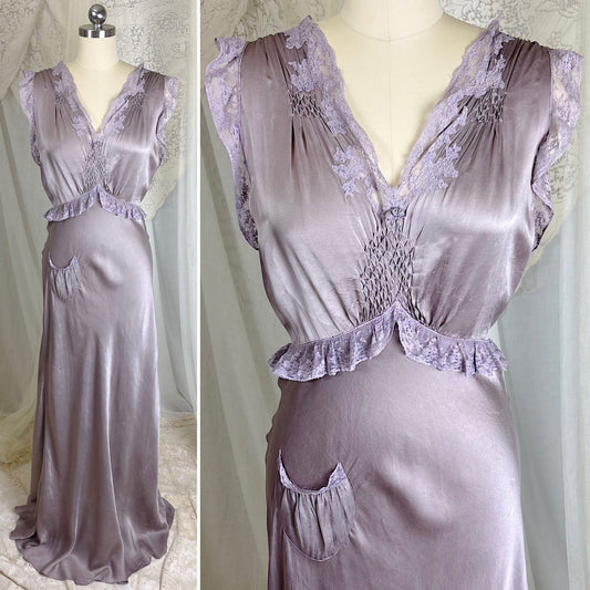Vintage 1930's Gunmetal Gray Silk Nightgown with Diamond Shirring - Size S, M - Daggers & Dames