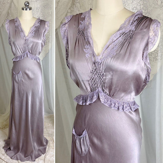 Vintage 1930's Gunmetal Gray Silk Nightgown with Diamond Shirring - Size S, M - Daggers & Dames