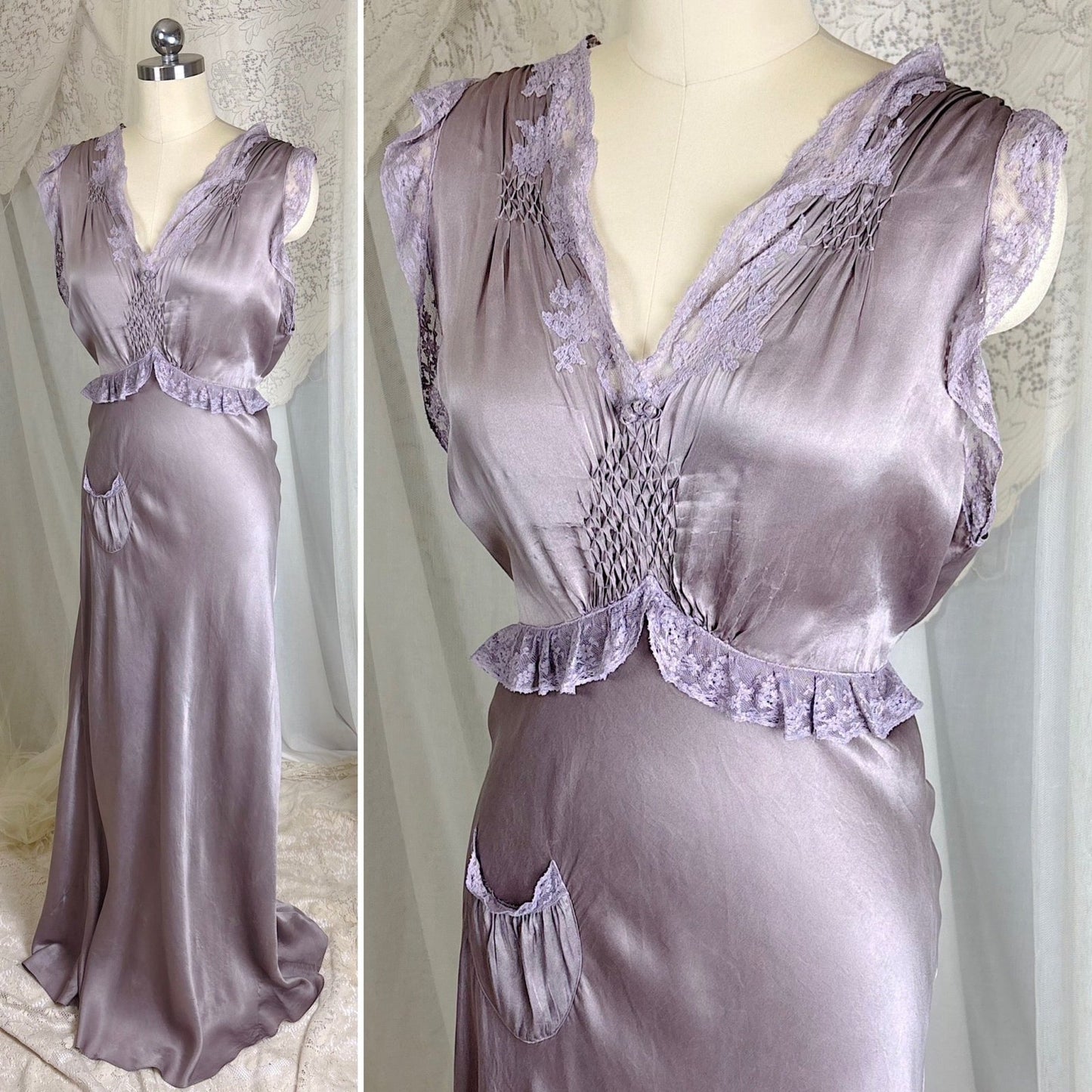 Vintage 1930's Gunmetal Gray Silk Nightgown with Diamond Shirring - Size S, M - Daggers & Dames