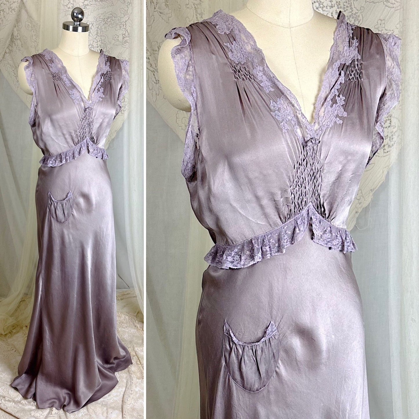 Vintage 1930's Gunmetal Gray Silk Nightgown with Diamond Shirring - Size S, M - Daggers & Dames