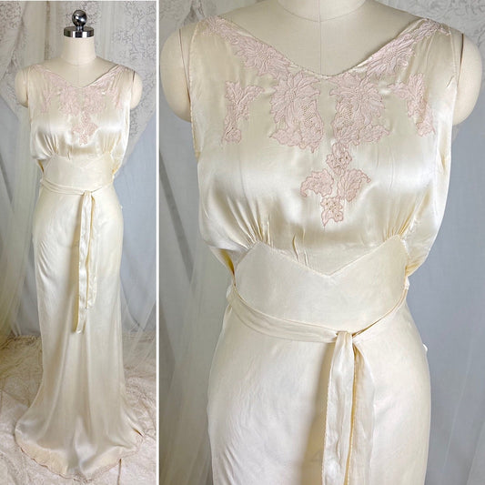 Vintage 1930's Ivory Hand - Stitched Silk Nightgown with Wrap Waist by Yolande, size S, M - Daggers & Dames