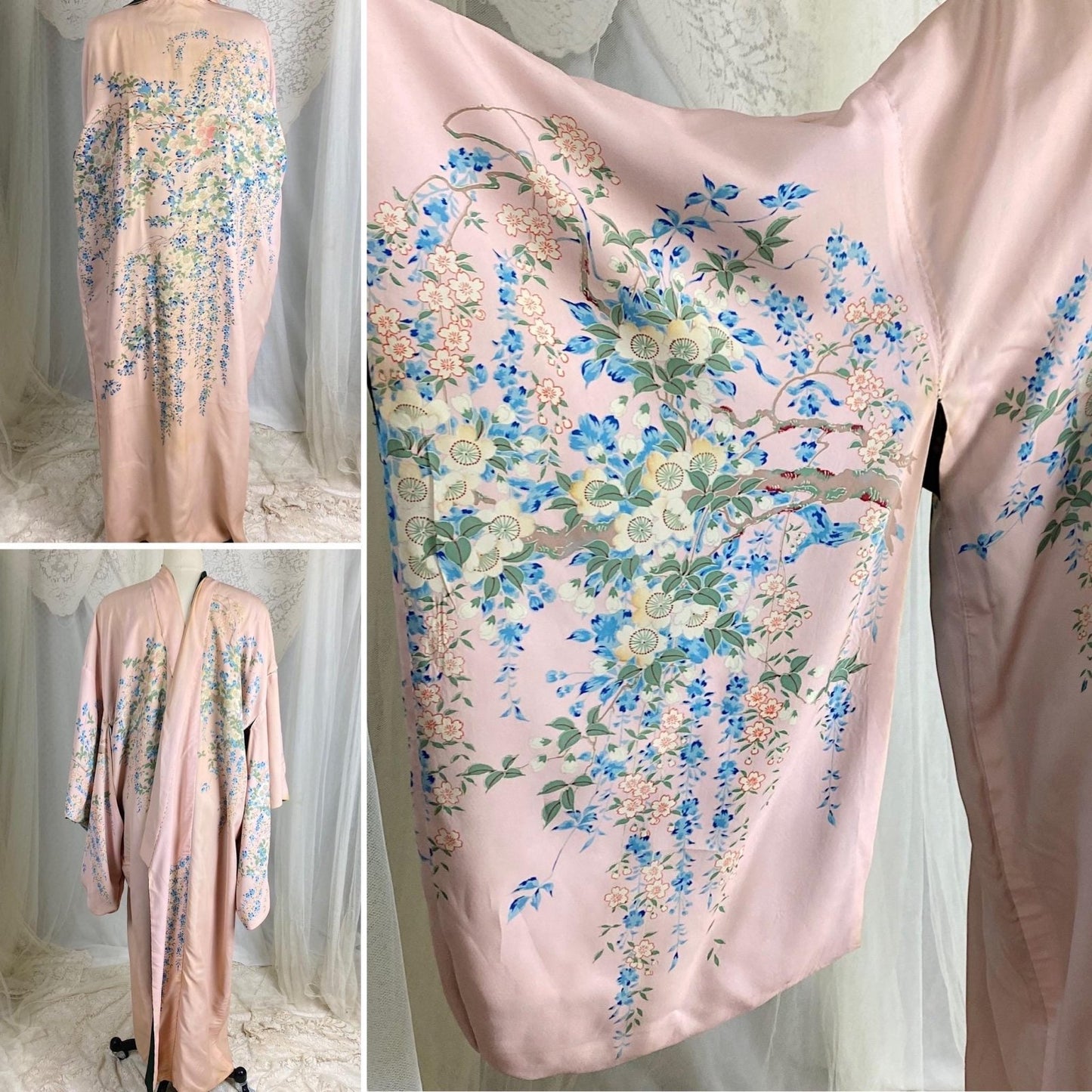 Vintage 1930's Japanese Kimono Robe | Forest Green Silk with Elaborate Hand Painted Floral Pattern | Size Free - Daggers & Dames