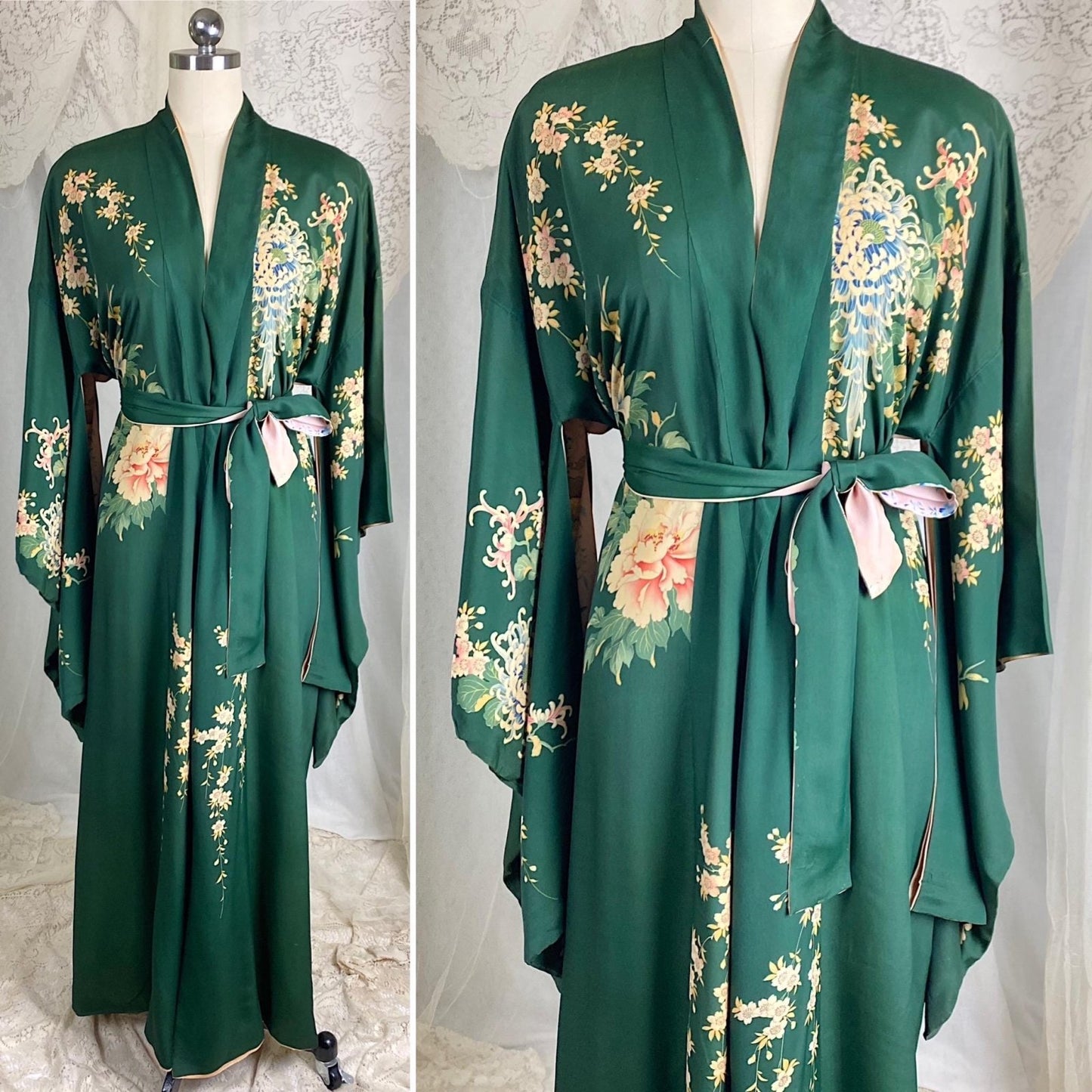 Vintage 1930's Japanese Kimono Robe | Forest Green Silk with Elaborate Hand Painted Floral Pattern | Size Free - Daggers & Dames