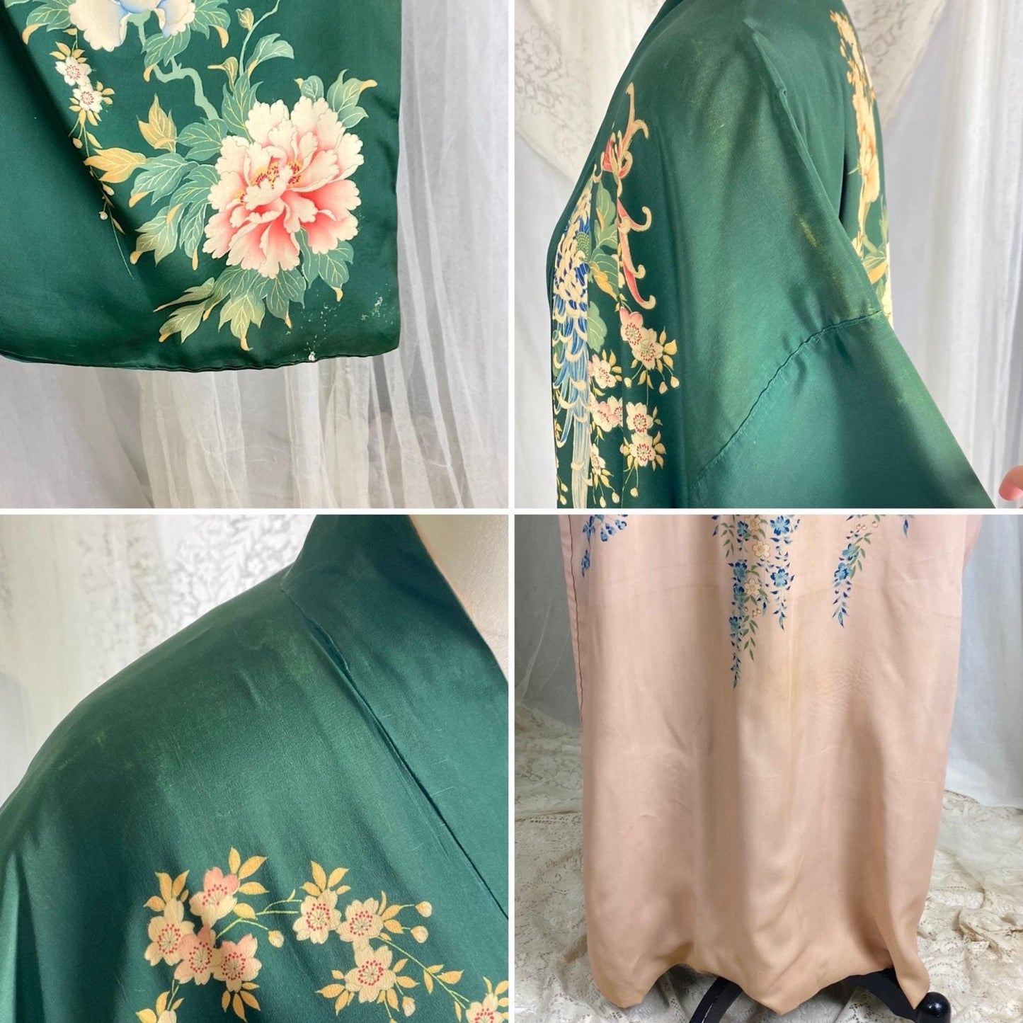 Vintage 1930's Japanese Kimono Robe | Forest Green Silk with Elaborate Hand Painted Floral Pattern | Size Free - Daggers & Dames