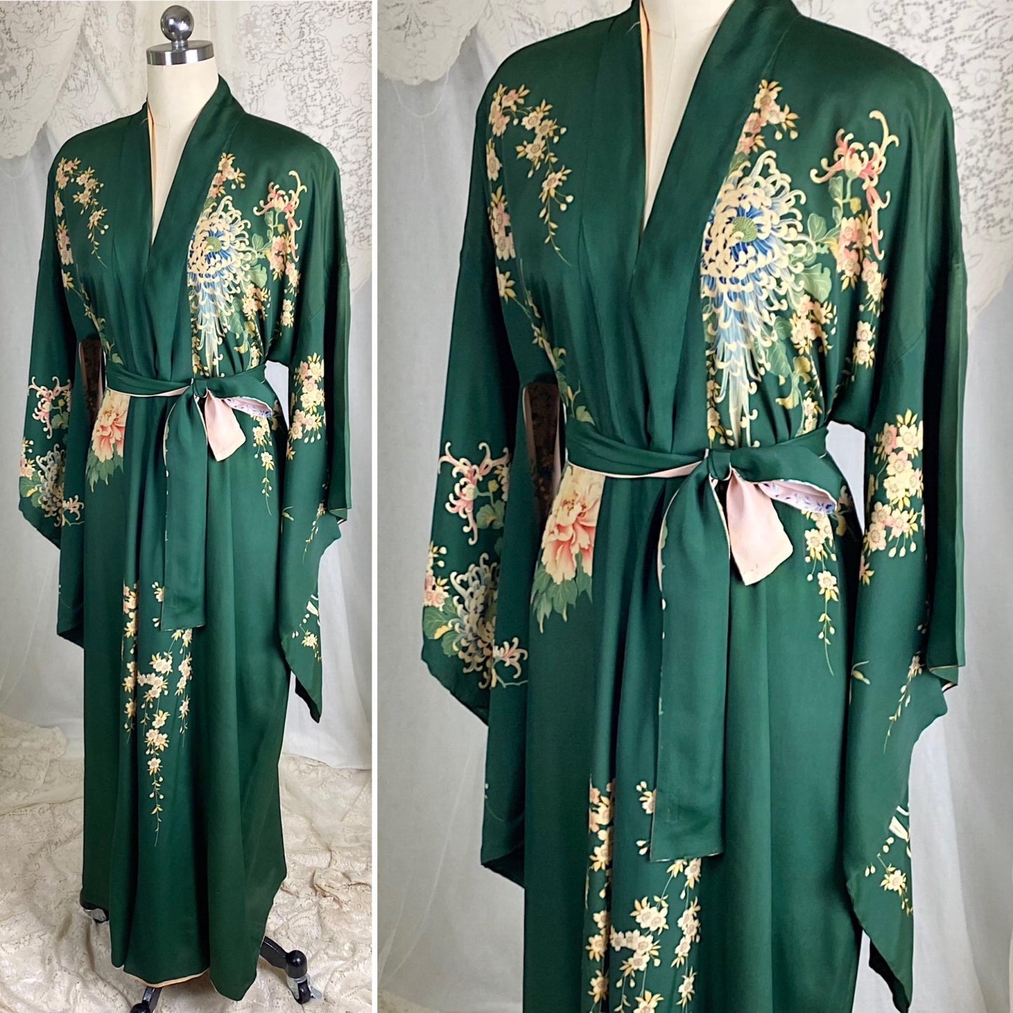 Vintage 1930's Japanese Kimono Robe | Forest Green Silk with Elaborate Hand Painted Floral Pattern | Size Free - Daggers & Dames
