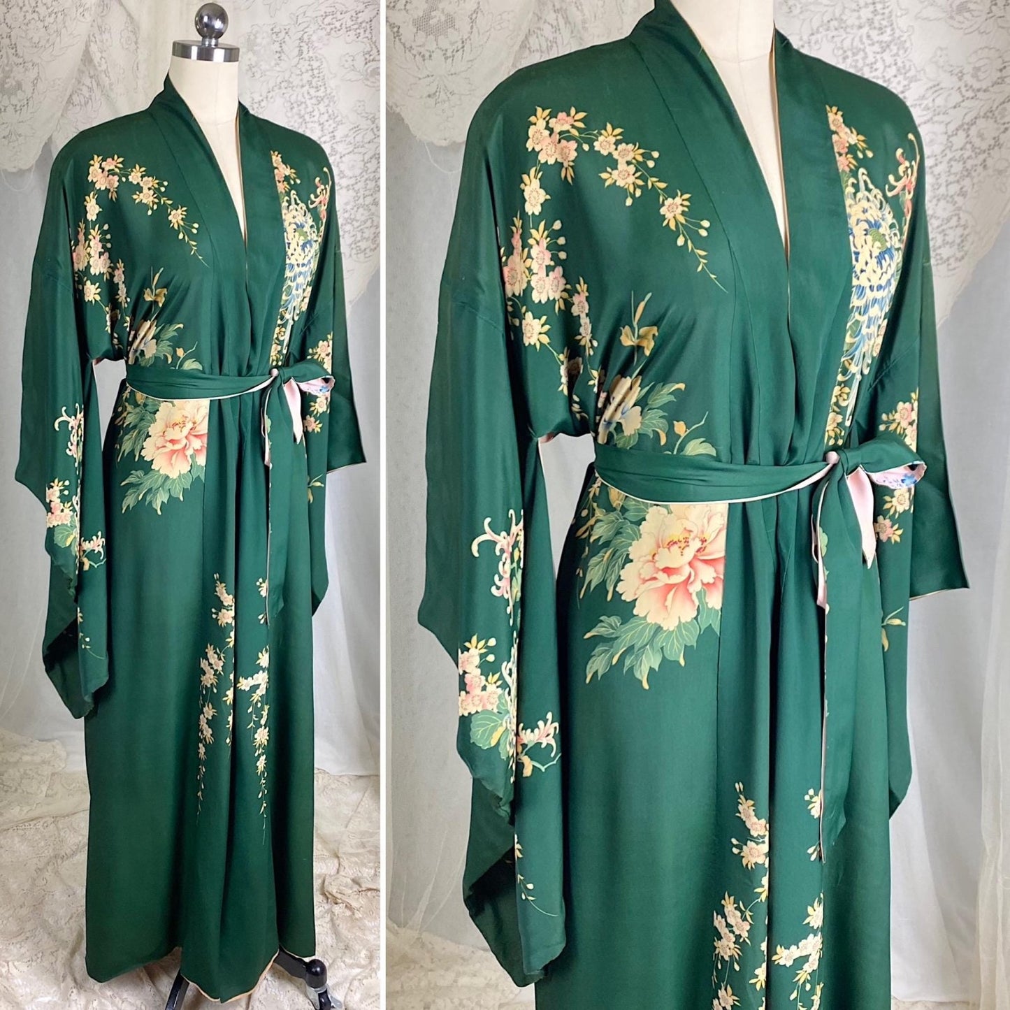 Vintage 1930's Japanese Kimono Robe | Forest Green Silk with Elaborate Hand Painted Floral Pattern | Size Free - Daggers & Dames