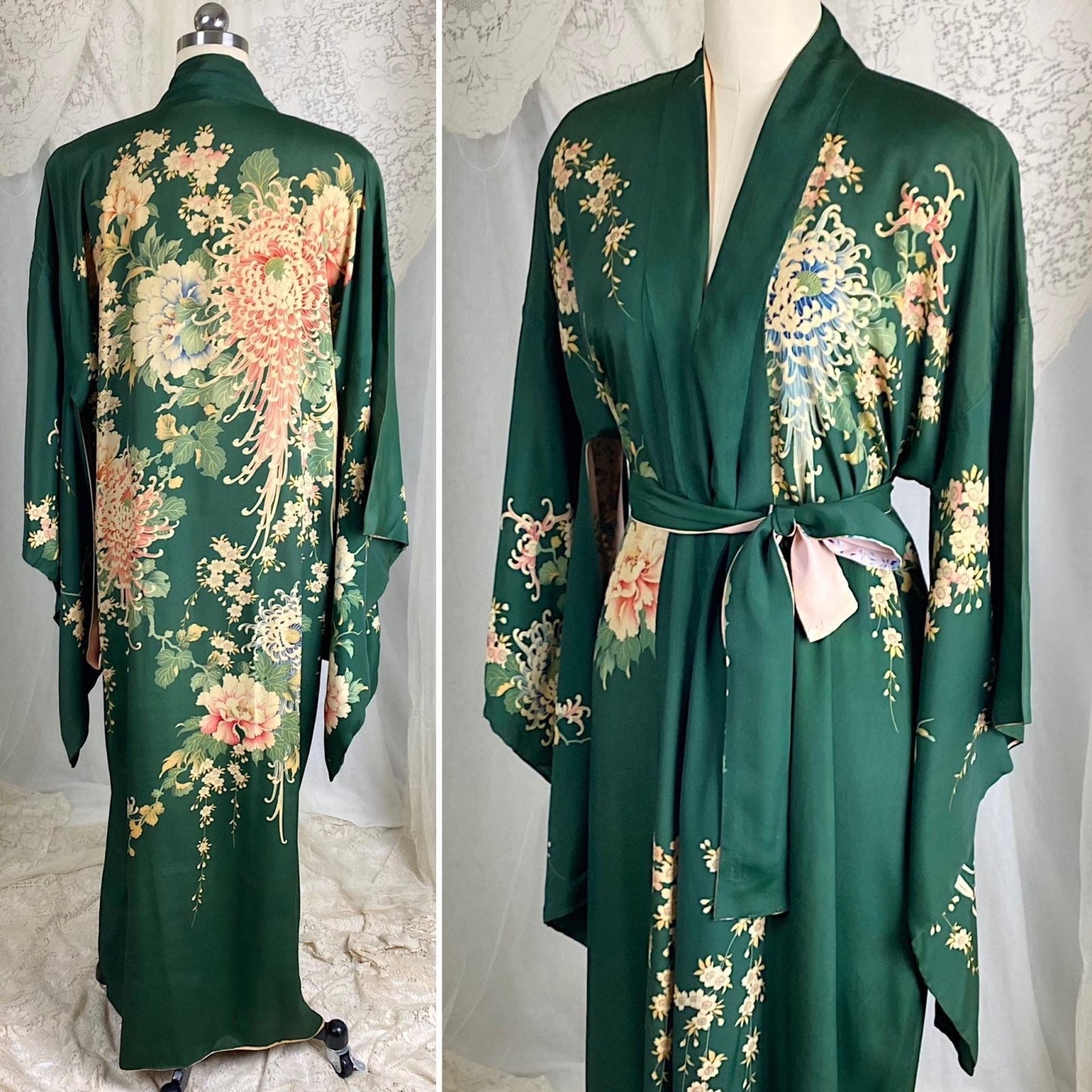 Vintage 1930's Japanese Kimono Robe | Forest Green Silk with Elaborate Hand Painted Floral Pattern | Size Free - Daggers & Dames
