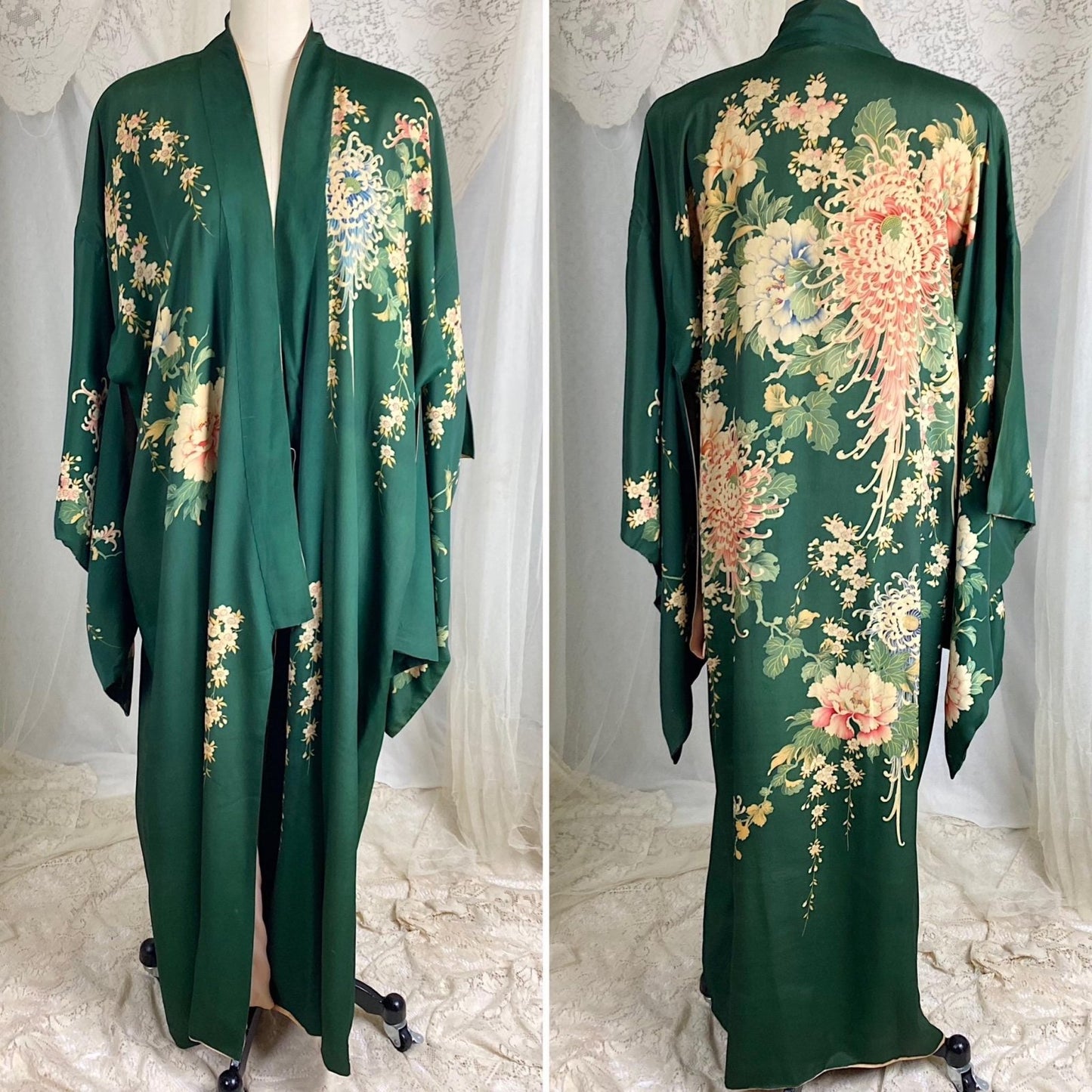 Vintage 1930's Japanese Kimono Robe | Forest Green Silk with Elaborate Hand Painted Floral Pattern | Size Free - Daggers & Dames