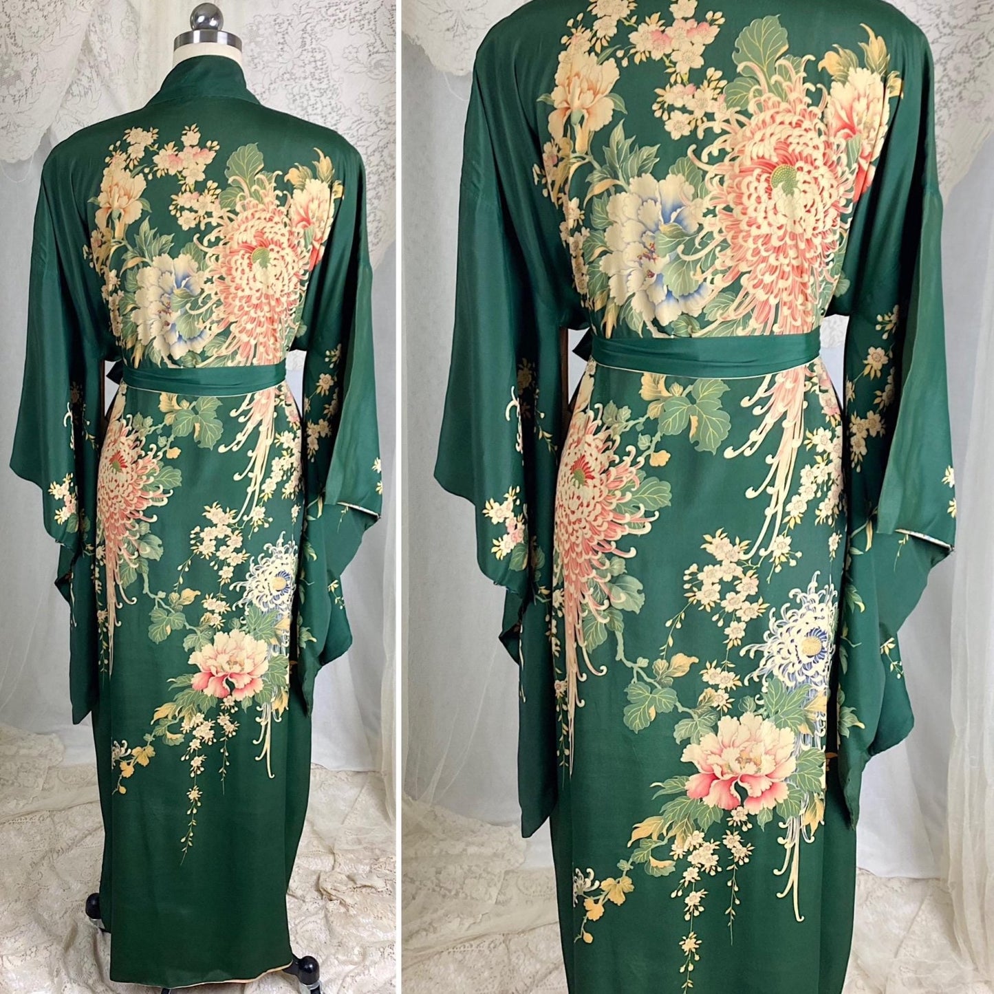 Vintage 1930's Japanese Kimono Robe | Forest Green Silk with Elaborate Hand Painted Floral Pattern | Size Free - Daggers & Dames