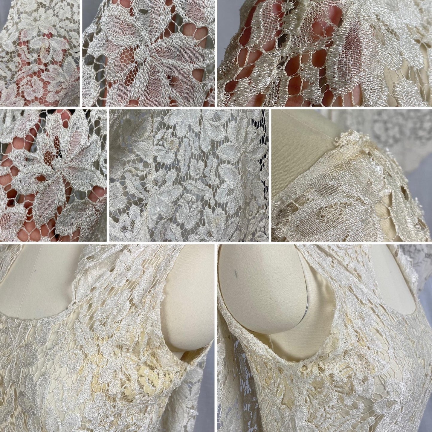 Vintage 1930's Maxi Dress | Buttermilk Floral Chantilly Net Lace with Ruffled Bertha Collar | Size XS, S - Daggers & Dames