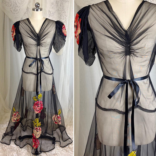 Vintage 1930's Maxi Dress - Sheer Black Silk Chiffon with Bright Pink & Coral Rose Appliques - Size M - Daggers & Dames