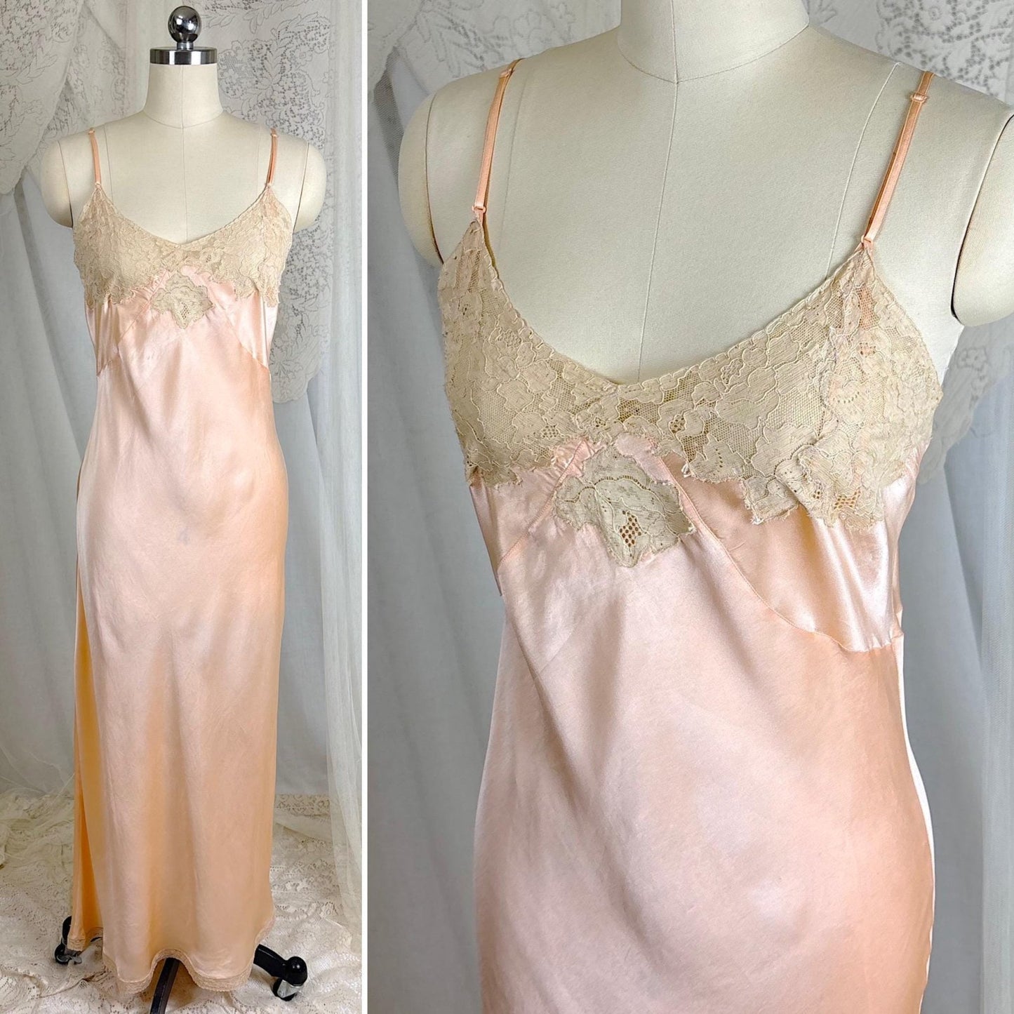 Vintage 1930's Maxi Slip - Rich Apricot Silk Satin with Warm Ecru Cotton Lace - Size M - By Barbizon - Daggers & Dames