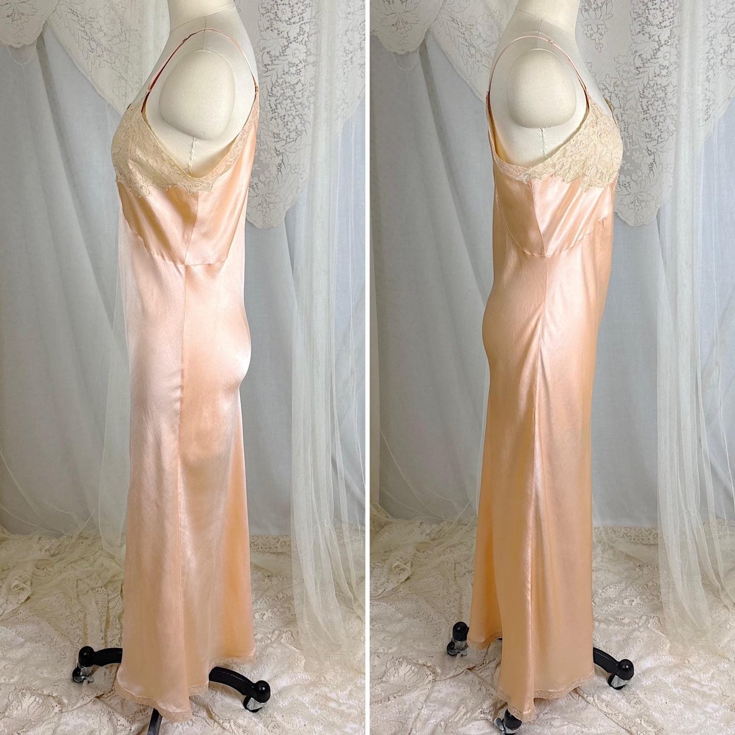 Vintage 1930's Maxi Slip - Rich Apricot Silk Satin with Warm Ecru Cotton Lace - Size M - By Barbizon - Daggers & Dames