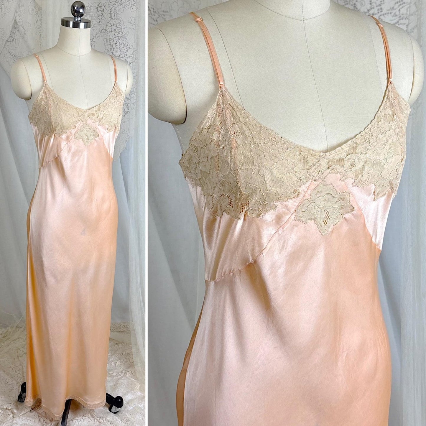 Vintage 1930's Maxi Slip - Rich Apricot Silk Satin with Warm Ecru Cotton Lace - Size M - By Barbizon - Daggers & Dames