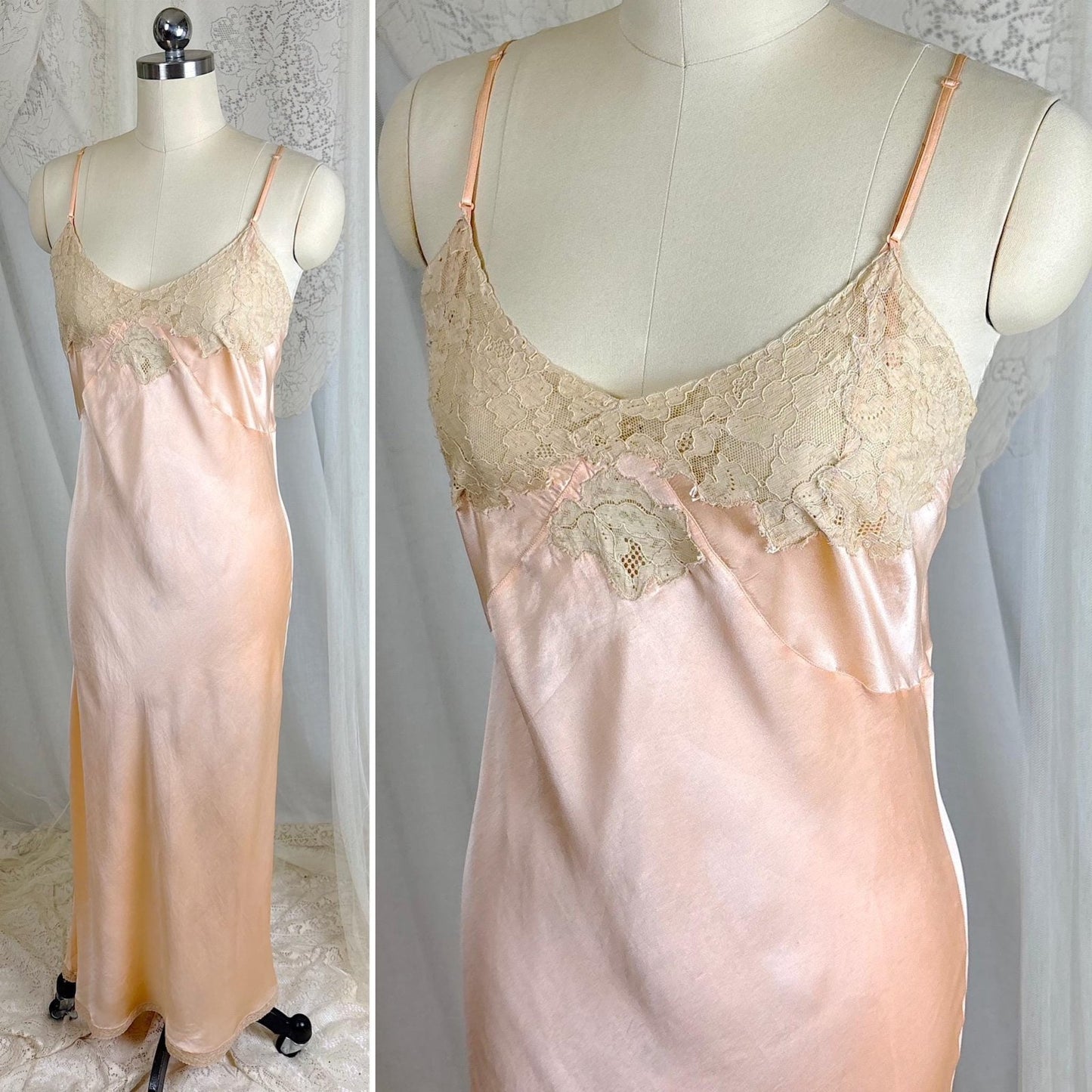 Vintage 1930's Maxi Slip - Rich Apricot Silk Satin with Warm Ecru Cotton Lace - Size M - By Barbizon - Daggers & Dames