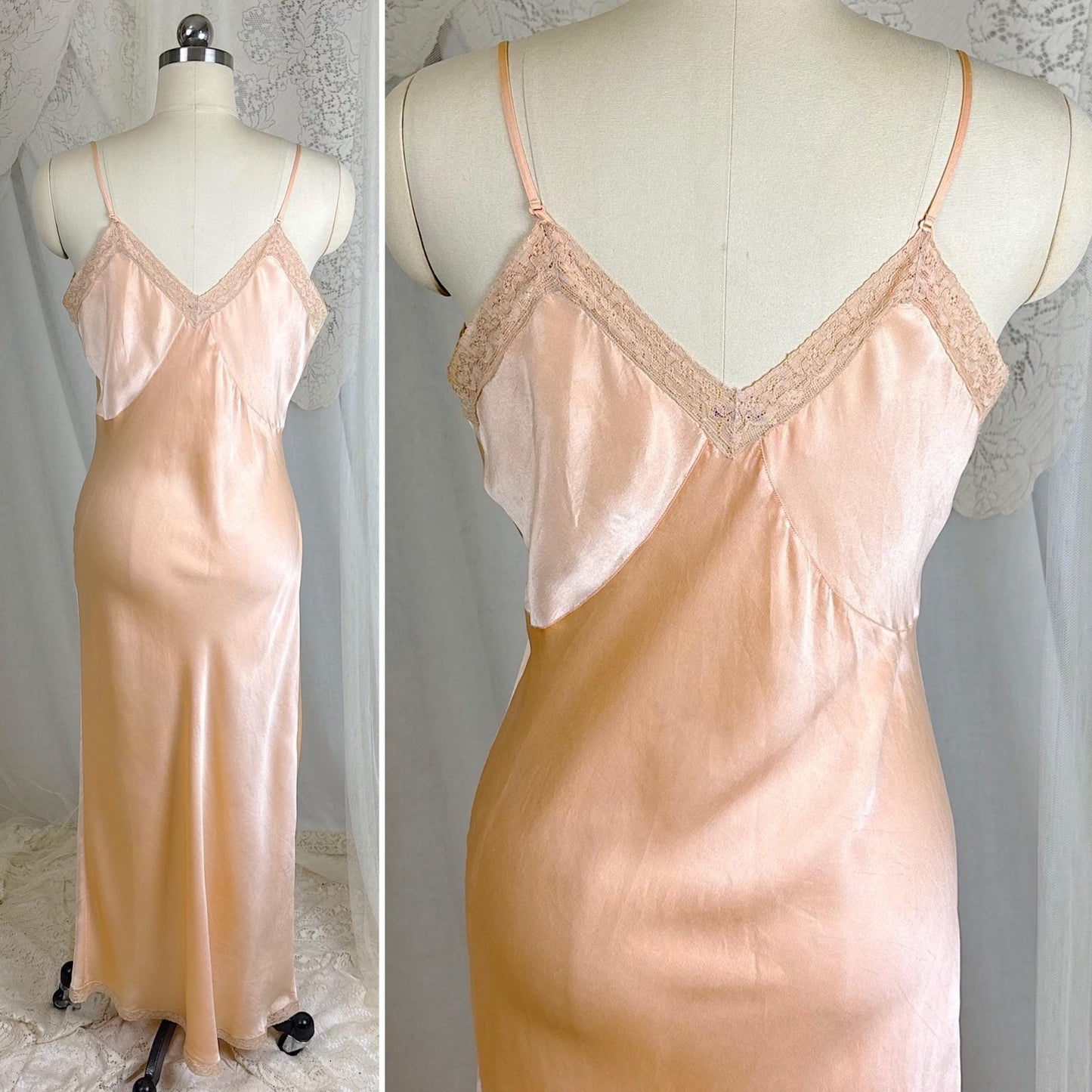Vintage 1930's Maxi Slip - Rich Apricot Silk Satin with Warm Ecru Cotton Lace - Size M - By Barbizon - Daggers & Dames