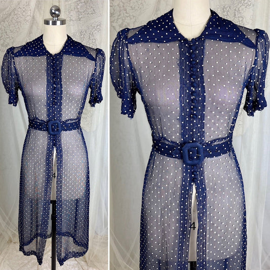Vintage 1930's Midnight Blue Rayon Organza Overdress with White Polka Dots - Size XS - Daggers & Dames