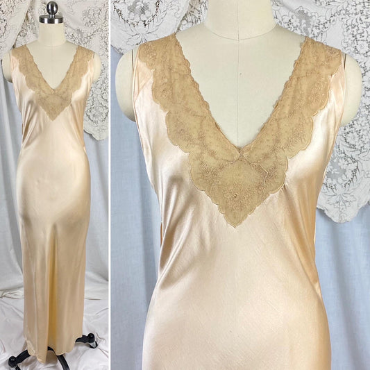 Vintage 1930's Nightgown | Champagne Silk Satin with Intricate Bronze Floral Lace & Scalloped Hem | Size XS, S - Daggers & Dames
