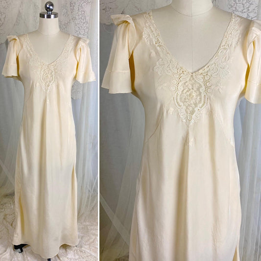 Vintage 1930's Nightgown - Hand Stitched Ivory Silk with Irish Crochet Lace & Satin Embroidery - Size XS, S - Daggers & Dames
