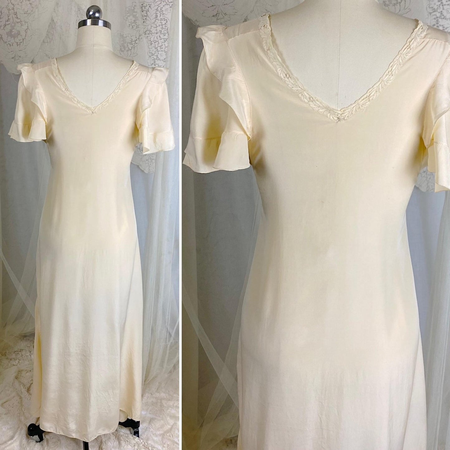 Vintage 1930's Nightgown - Hand Stitched Ivory Silk with Irish Crochet Lace & Satin Embroidery - Size XS, S - Daggers & Dames