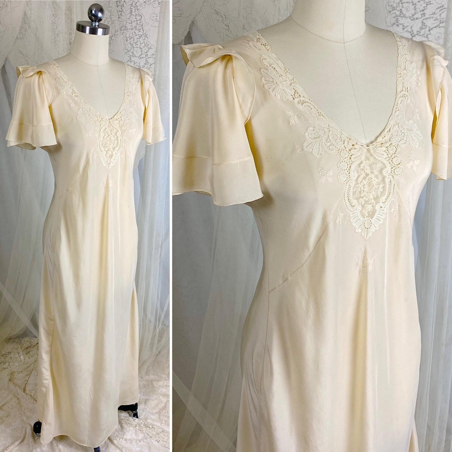 Vintage 1930's Nightgown - Hand Stitched Ivory Silk with Irish Crochet Lace & Satin Embroidery - Size XS, S - Daggers & Dames