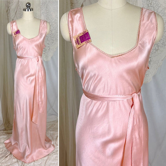 Vintage 1930's Nightgown - Hand Stitched Rich Blush Pink Silk Satin with Sash - by Vianne, New with Tags, size M, LG - Daggers & Dames