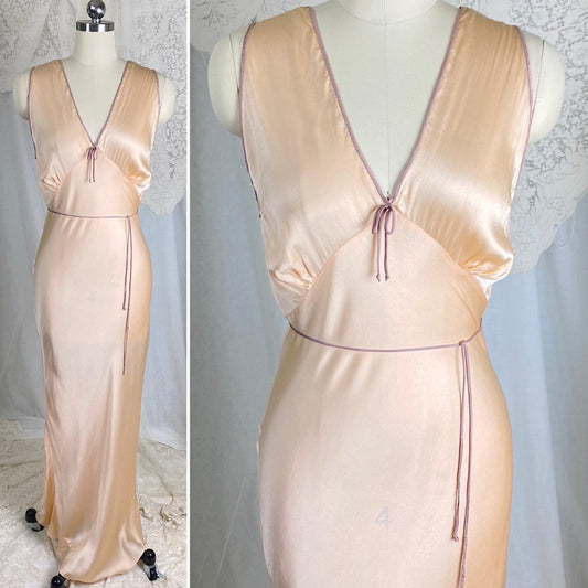 Vintage 1930's Nightgown | Rich Champagne Silk with Mocha Piping & Sash Tie | Size XS, S - Daggers & Dames