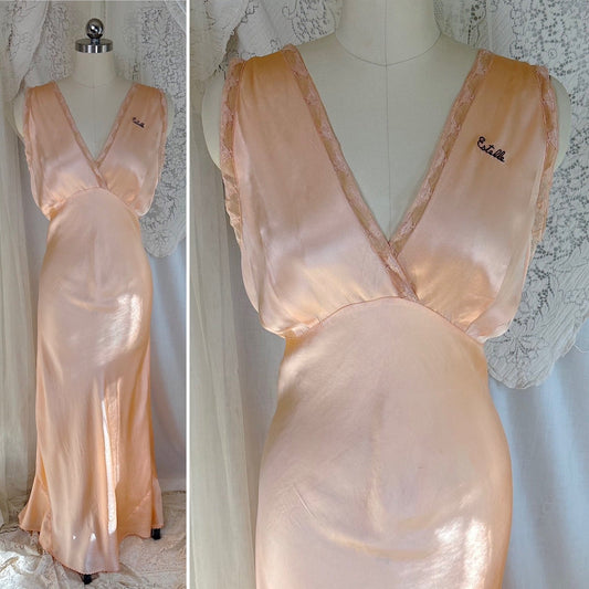 Vintage 1930's Nightgown - Rich Peach Silk Satin with Warm Nude Lace & Red Estelle Monogram, size M, LG - Daggers & Dames