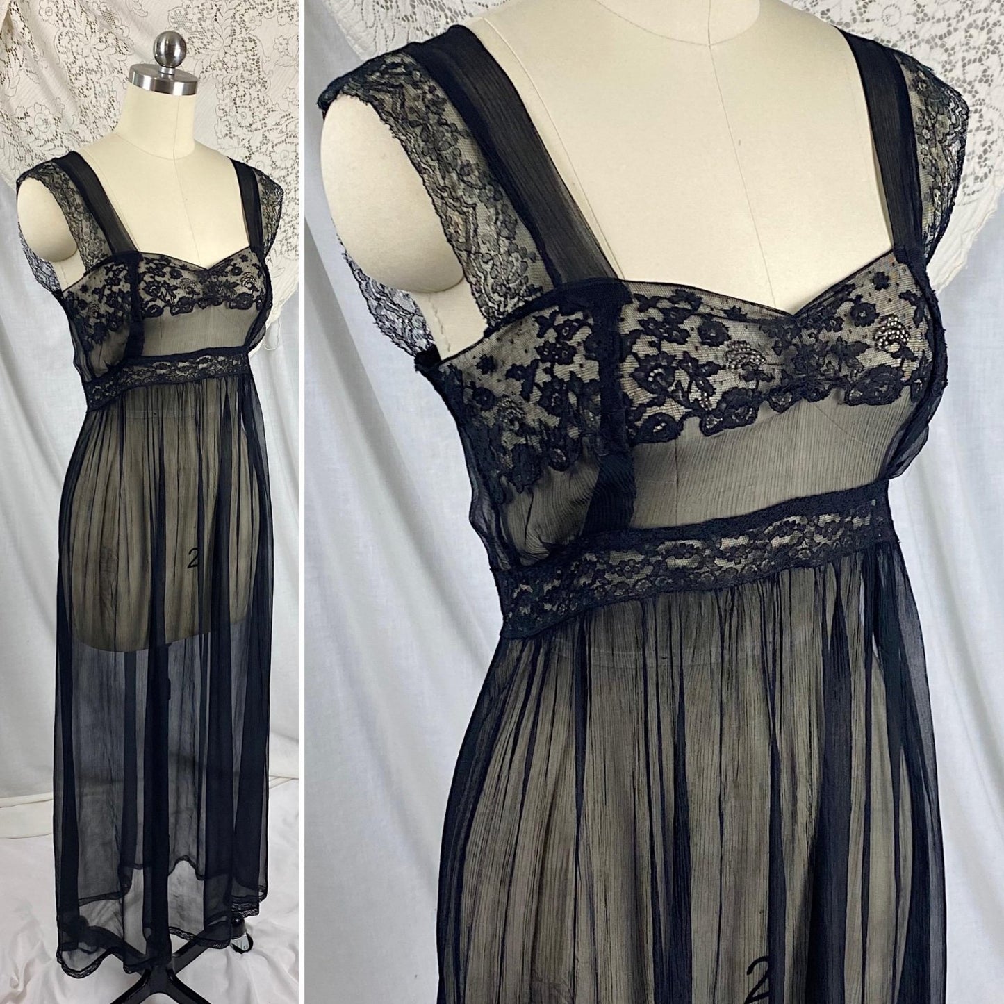 Vintage 1930's Nightgown | Sheer Black Silk Gauze with Intricate Cotton Floral Lace | Size XS - Daggers & Dames