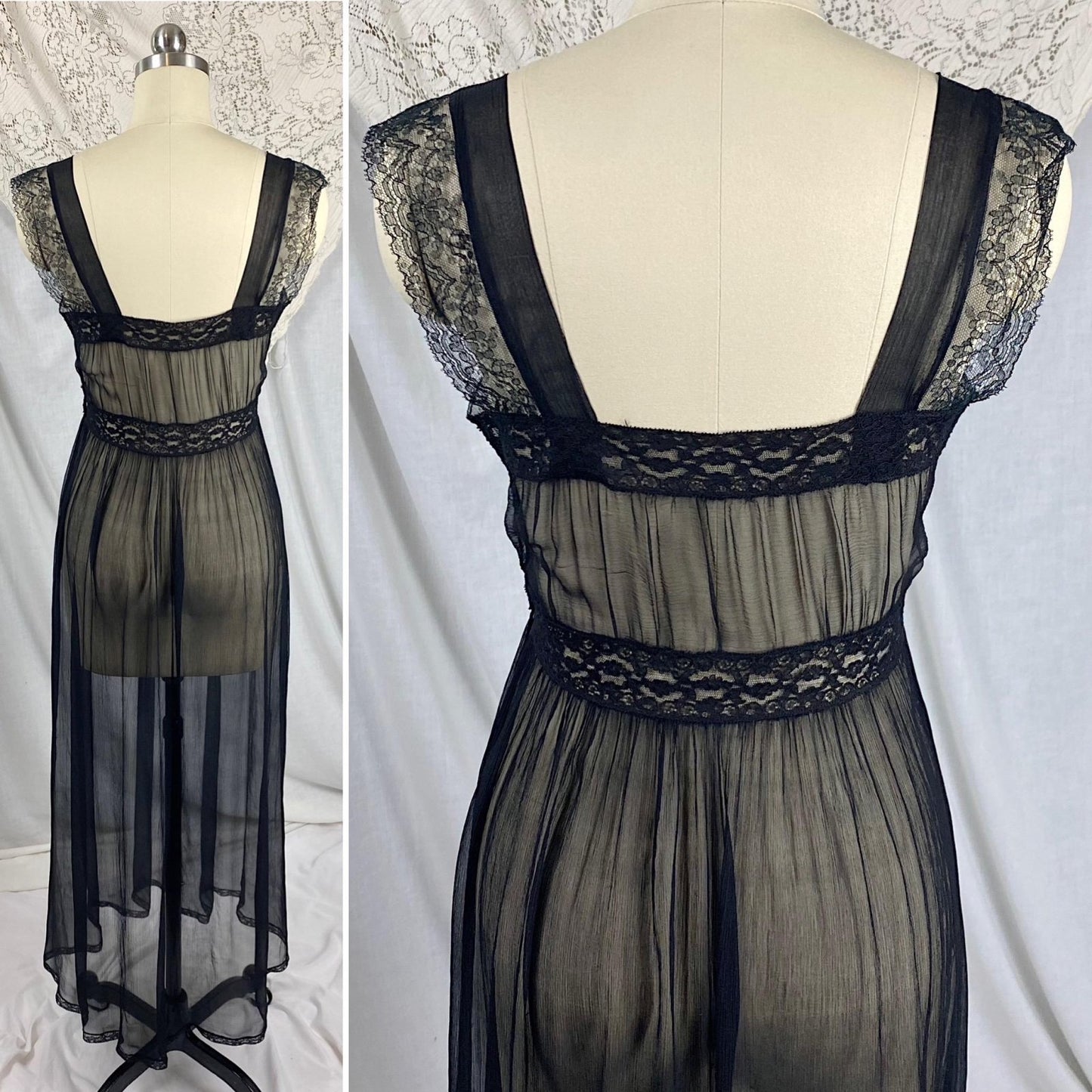 Vintage 1930's Nightgown | Sheer Black Silk Gauze with Intricate Cotton Floral Lace | Size XS - Daggers & Dames