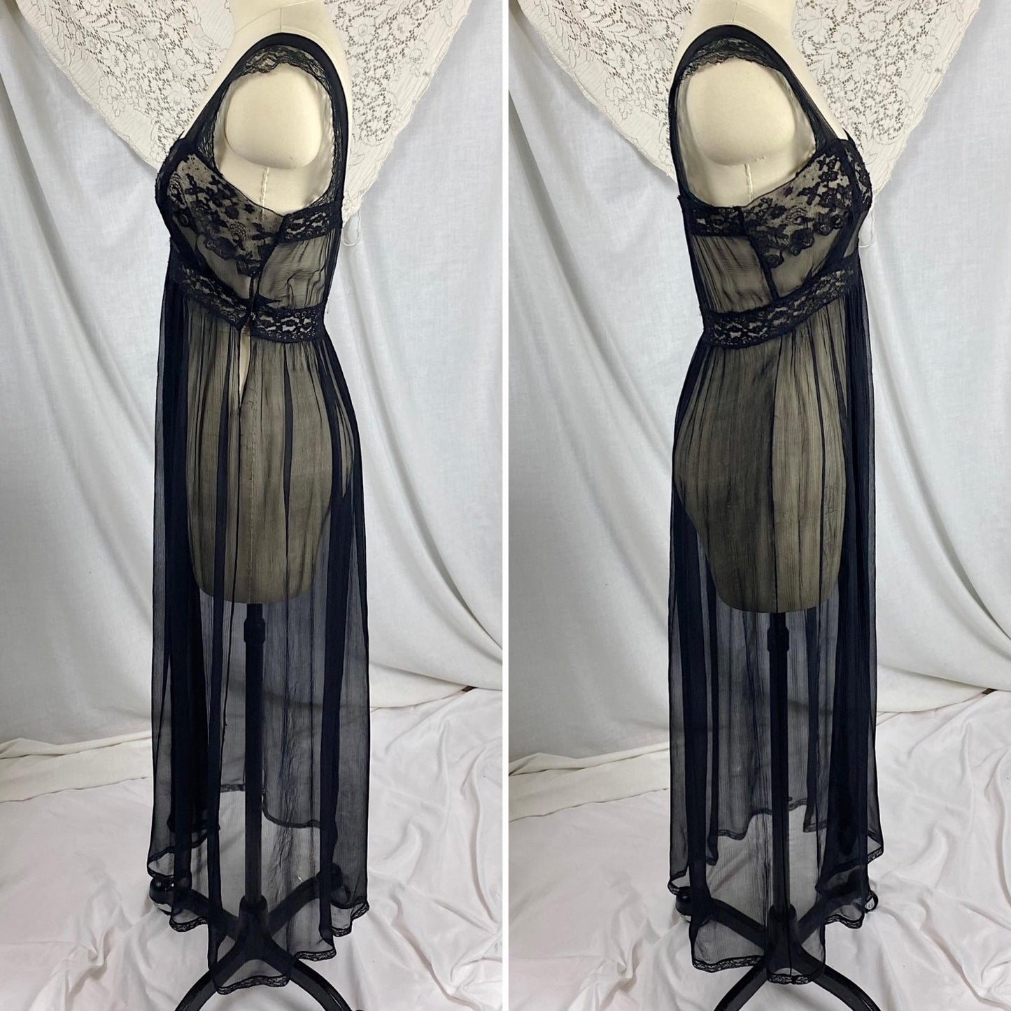 Vintage 1930's Nightgown | Sheer Black Silk Gauze with Intricate Cotton Floral Lace | Size XS - Daggers & Dames