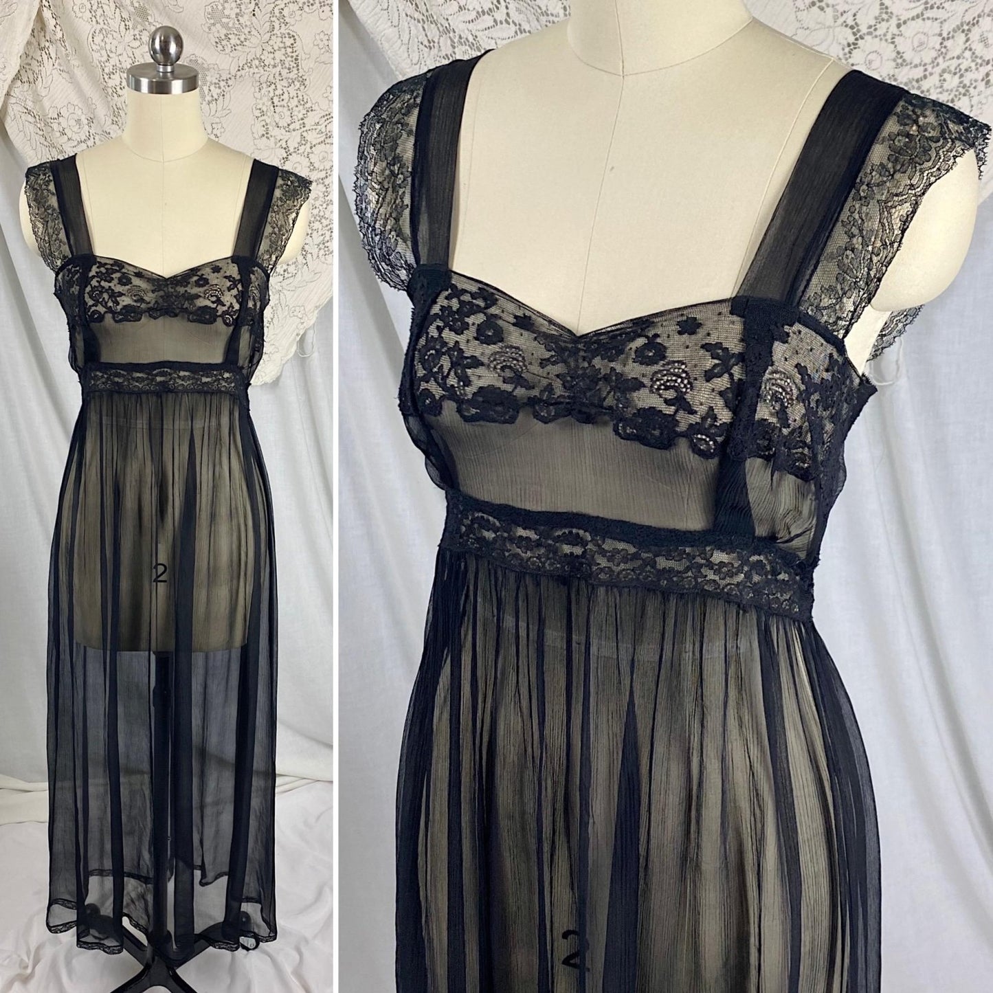 Vintage 1930's Nightgown | Sheer Black Silk Gauze with Intricate Cotton Floral Lace | Size XS - Daggers & Dames