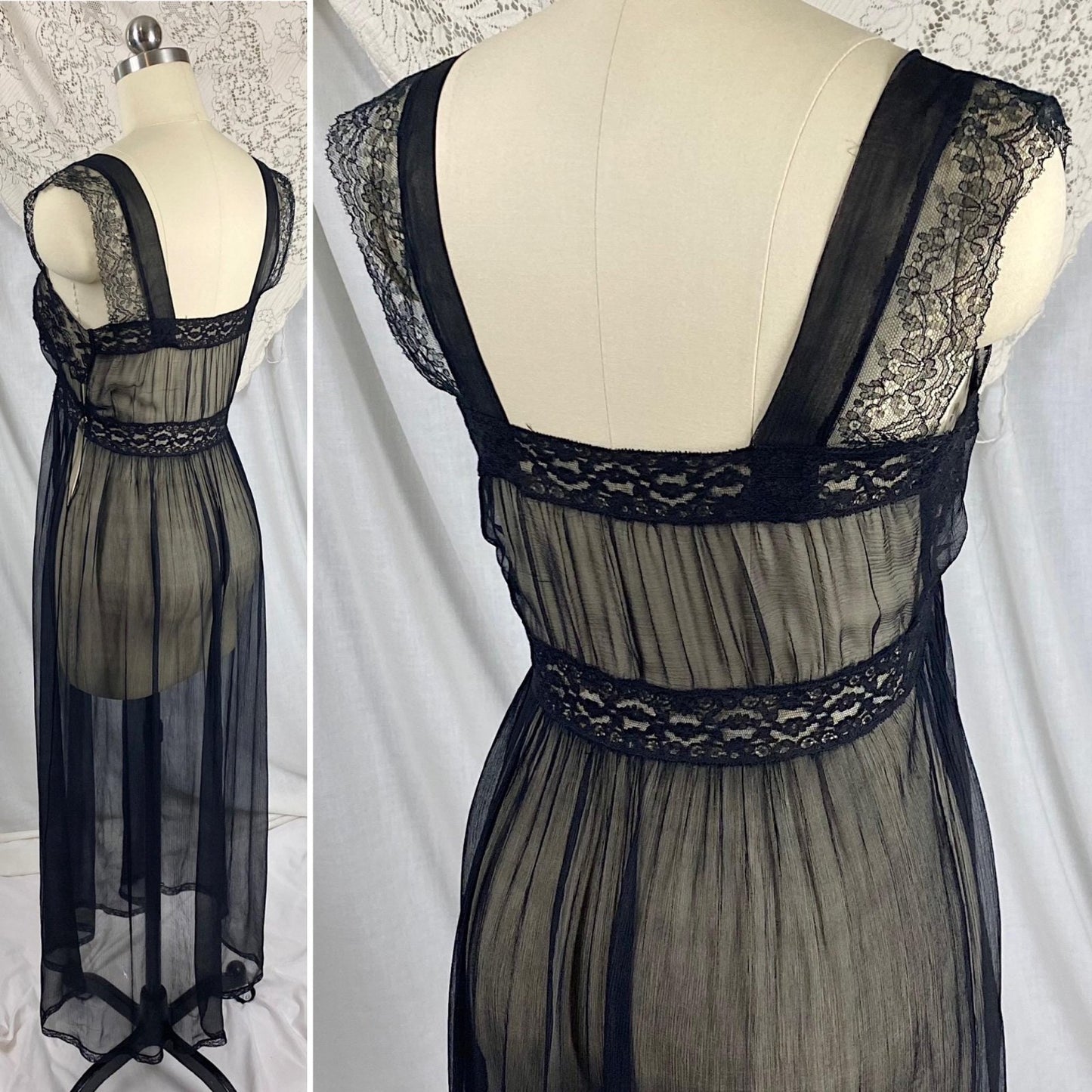 Vintage 1930's Nightgown | Sheer Black Silk Gauze with Intricate Cotton Floral Lace | Size XS - Daggers & Dames