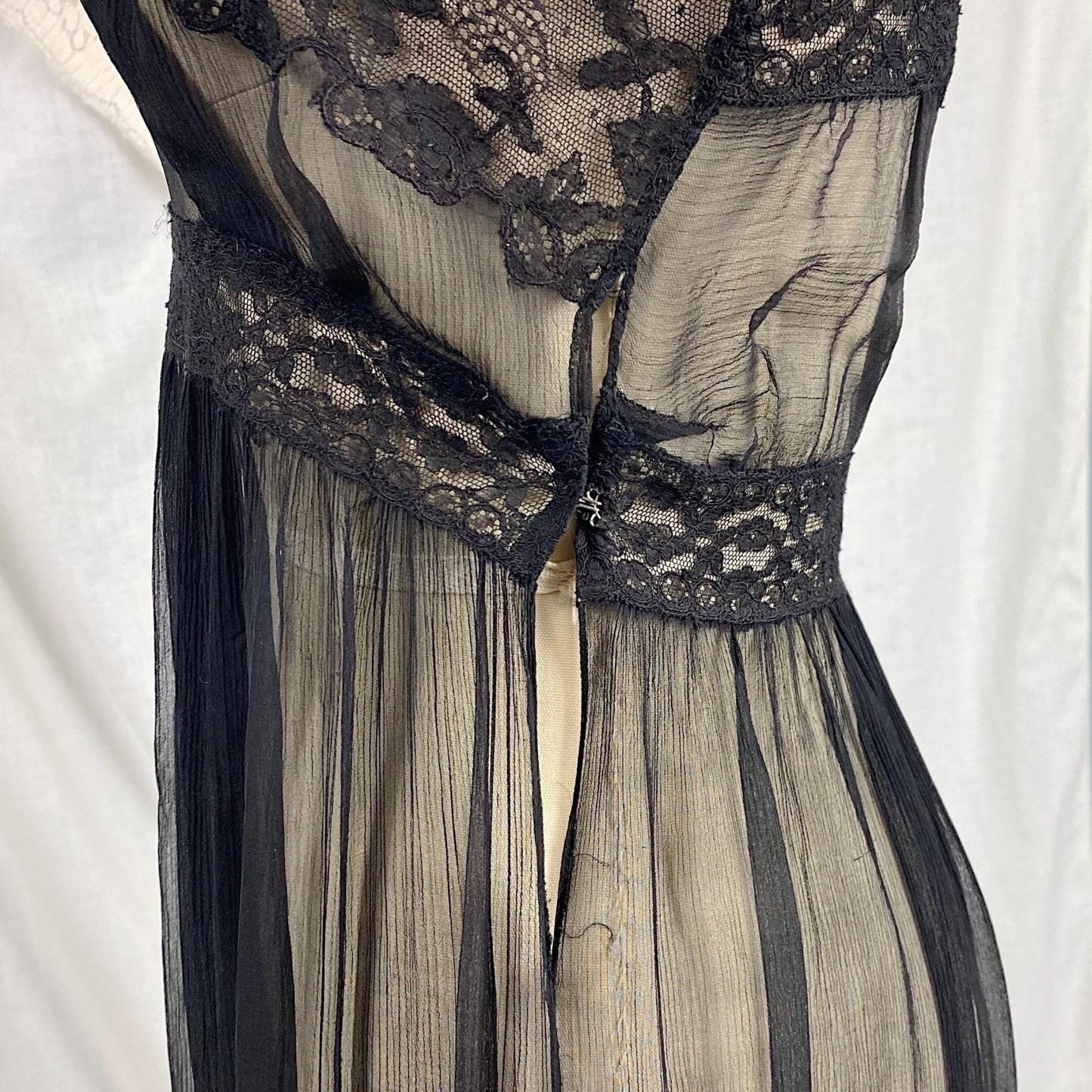 Vintage 1930's Nightgown | Sheer Black Silk Gauze with Intricate Cotton Floral Lace | Size XS - Daggers & Dames