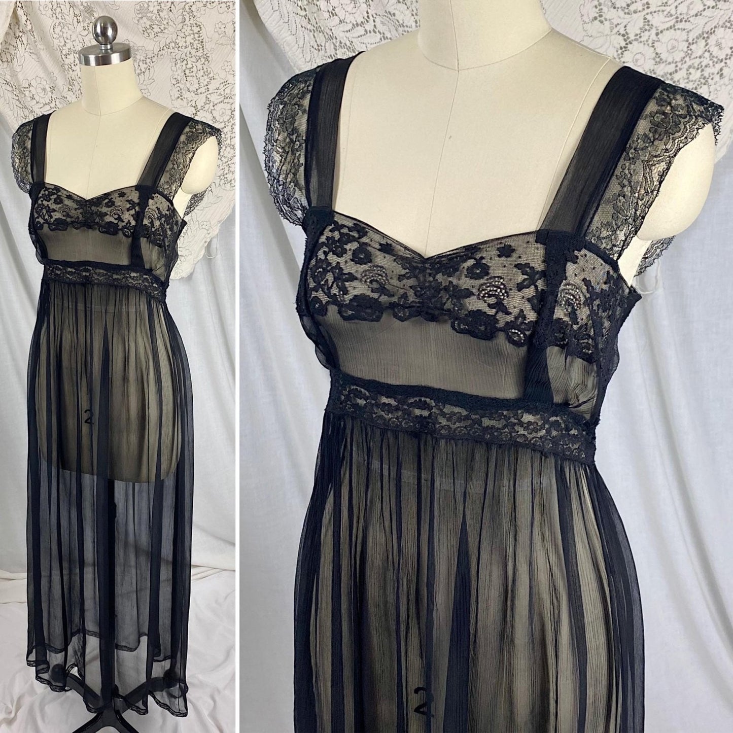 Vintage 1930's Nightgown | Sheer Black Silk Gauze with Intricate Cotton Floral Lace | Size XS - Daggers & Dames