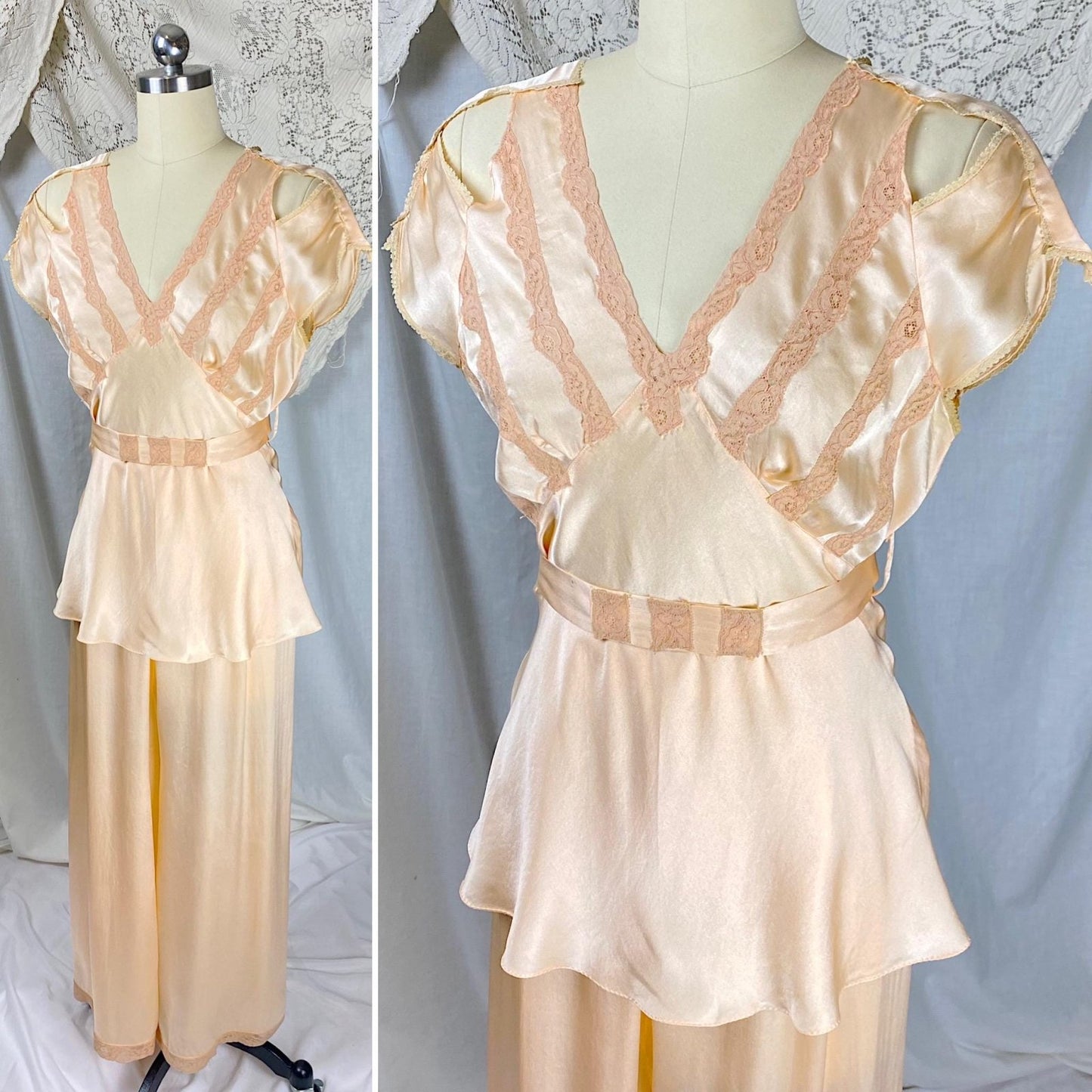 Vintage 1930's Pajama Set | Apricot Silk with Blush Lace Appliqués & Cold Shoulder Cutouts | Size XS, S - Daggers & Dames