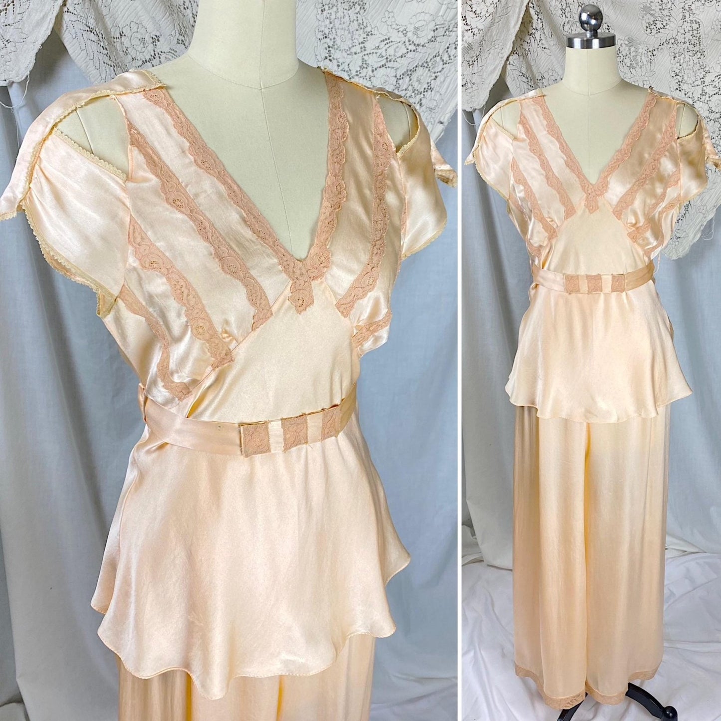 Vintage 1930's Pajama Set | Apricot Silk with Blush Lace Appliqués & Cold Shoulder Cutouts | Size XS, S - Daggers & Dames