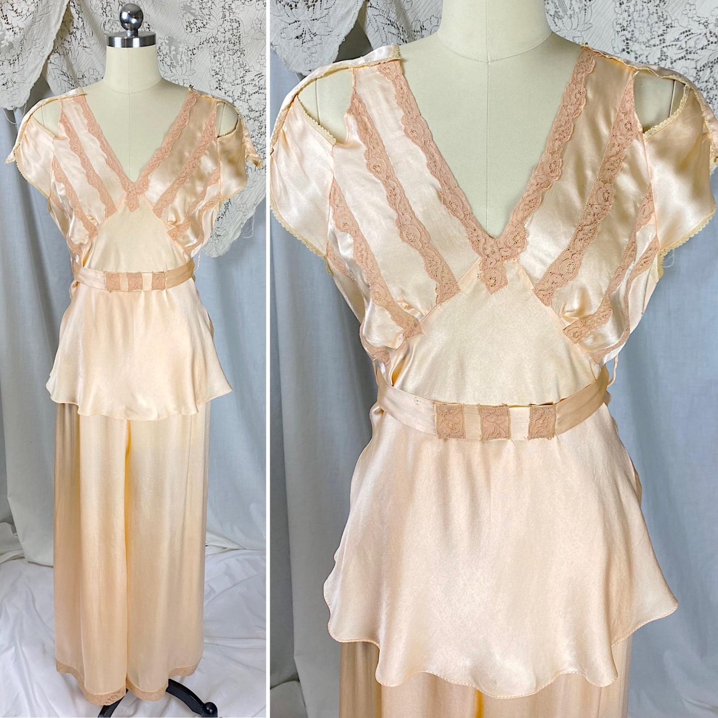 Vintage 1930's Pajama Set | Apricot Silk with Blush Lace Appliqués & Cold Shoulder Cutouts | Size XS, S - Daggers & Dames