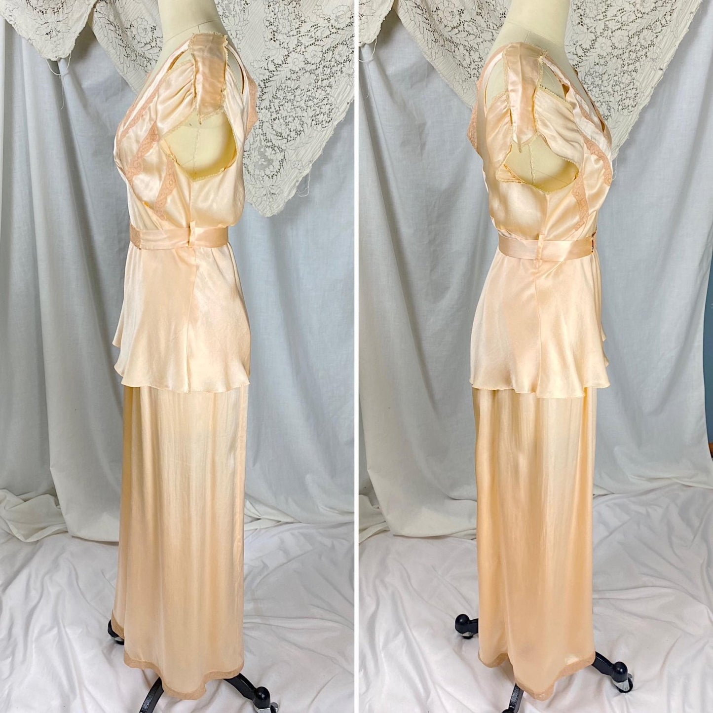 Vintage 1930's Pajama Set | Apricot Silk with Blush Lace Appliqués & Cold Shoulder Cutouts | Size XS, S - Daggers & Dames