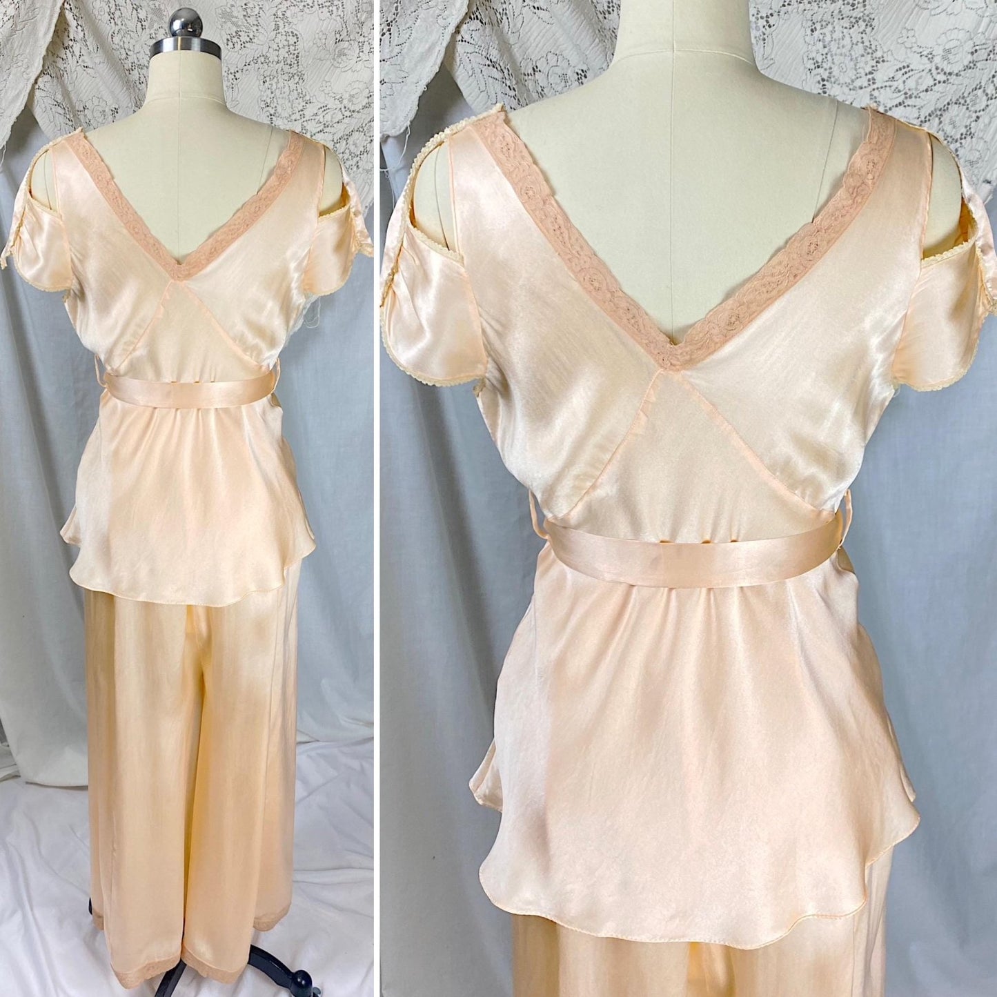 Vintage 1930's Pajama Set | Apricot Silk with Blush Lace Appliqués & Cold Shoulder Cutouts | Size XS, S - Daggers & Dames