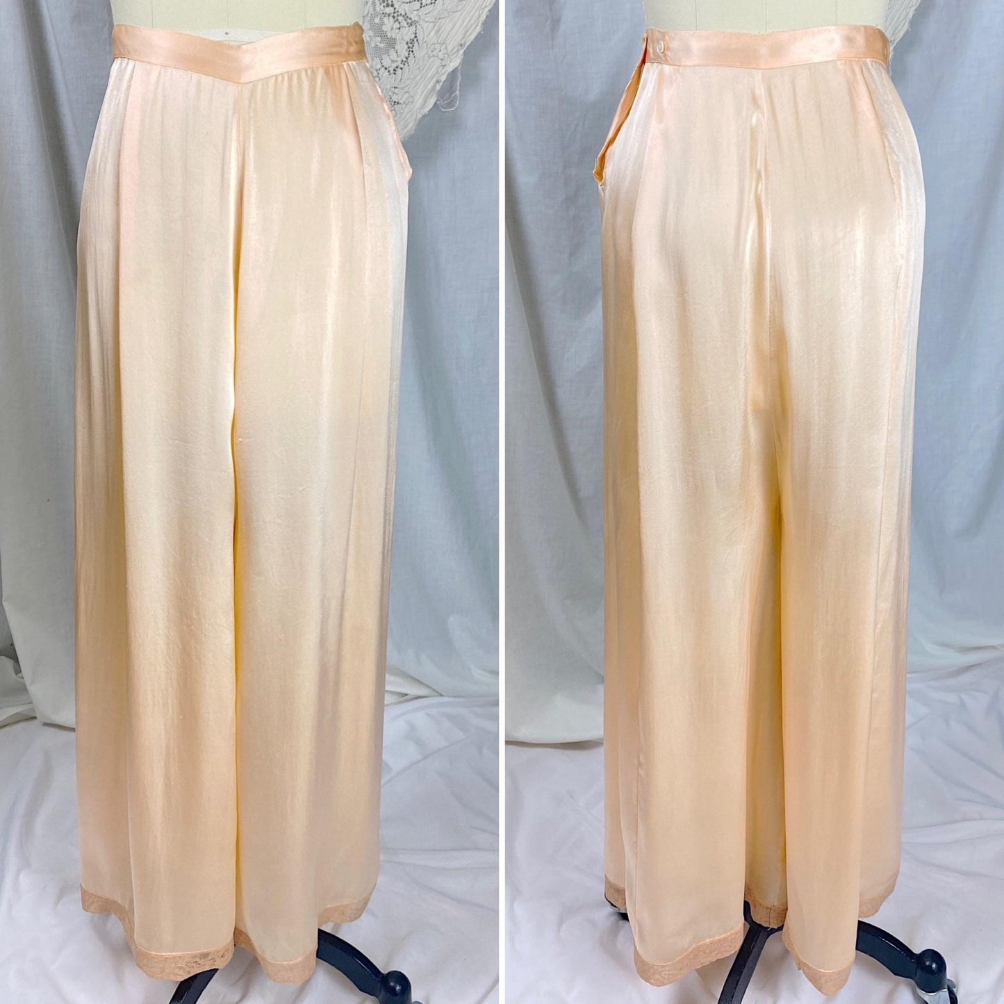 Vintage 1930's Pajama Set | Apricot Silk with Blush Lace Appliqués & Cold Shoulder Cutouts | Size XS, S - Daggers & Dames