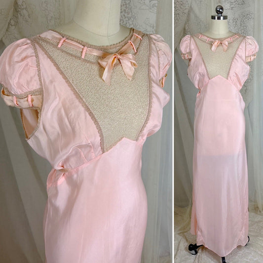 Vintage 1930's Pale Rose Pink Silk Nightgown with Embroidered Cotton Tulle - Size S, M - Daggers & Dames