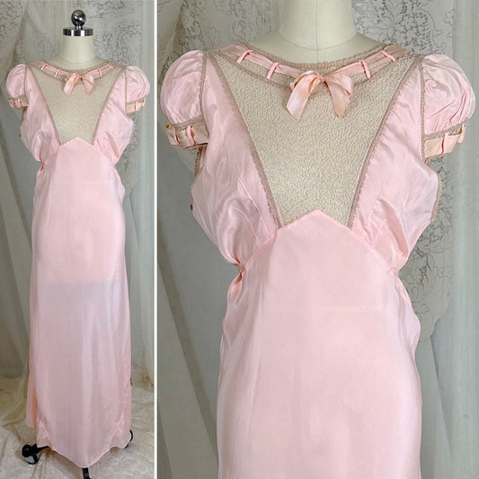 Vintage 1930's Pale Rose Pink Silk Nightgown with Embroidered Cotton Tulle - Size S, M - Daggers & Dames