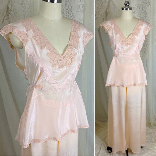 Vintage 1930's Powder Pink Silk Crepe Pajama Set - By Crepe de Lillian, Size M - Daggers & Dames