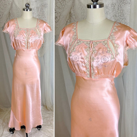 Vintage 1930's Rose Gold Pink Silk Nightgown with Cutout Details - Never Worn, Size M, LG - Daggers & Dames