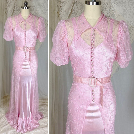 Vintage 1930's Rose Pink Embroidered Tulle Overdress with Satin Slip Set, size S, M - Daggers & Dames
