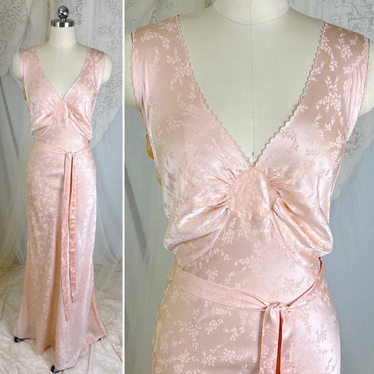 Vintage 1930's Rose Pink Silk Nightgown with Floral Damask by Barbizon, size S, M, LG, XLG - Daggers & Dames